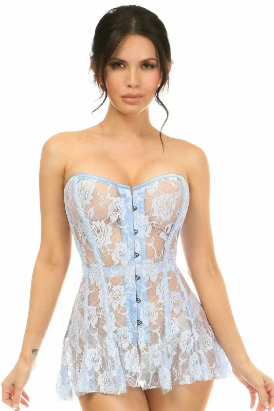 Sexy wrap dresses with a cinched waistSexy wrap dresses with a cinched waistSexy Light Blue Sheer Lace Corset Dress